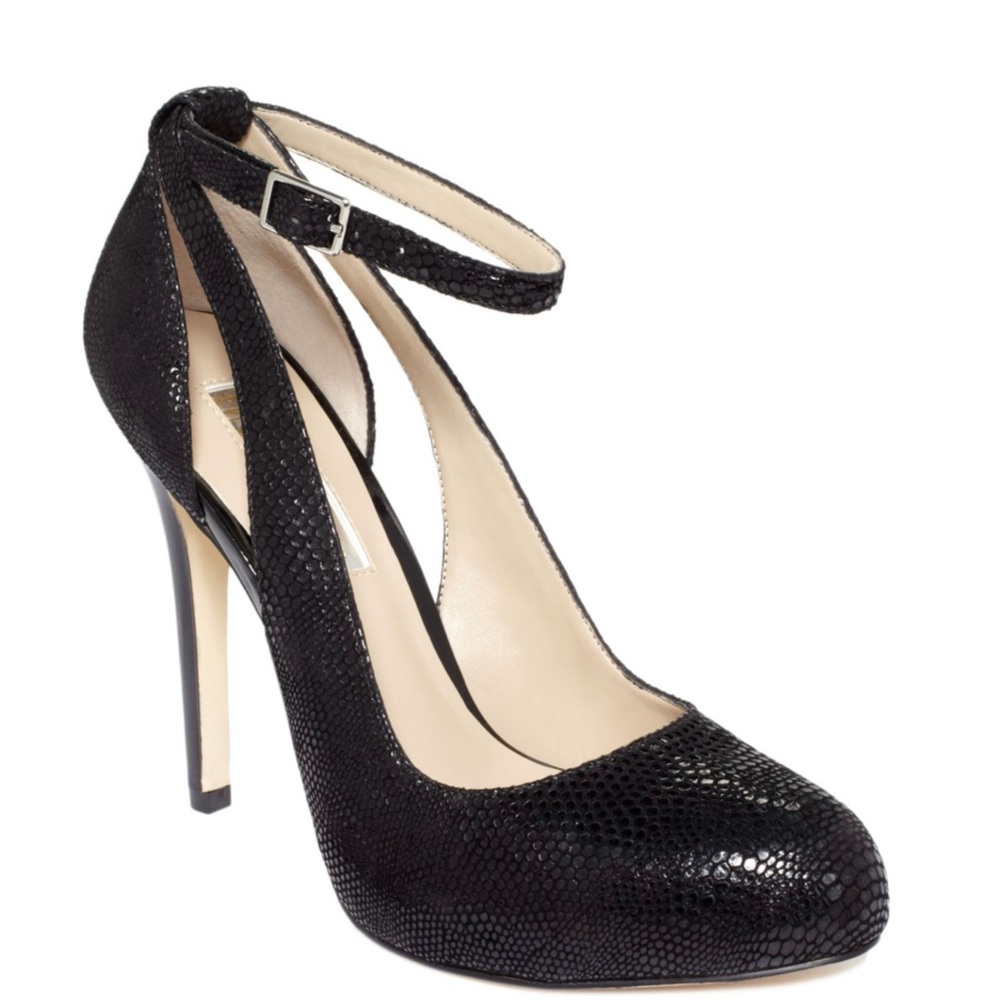 INC black leather ankle strap heels